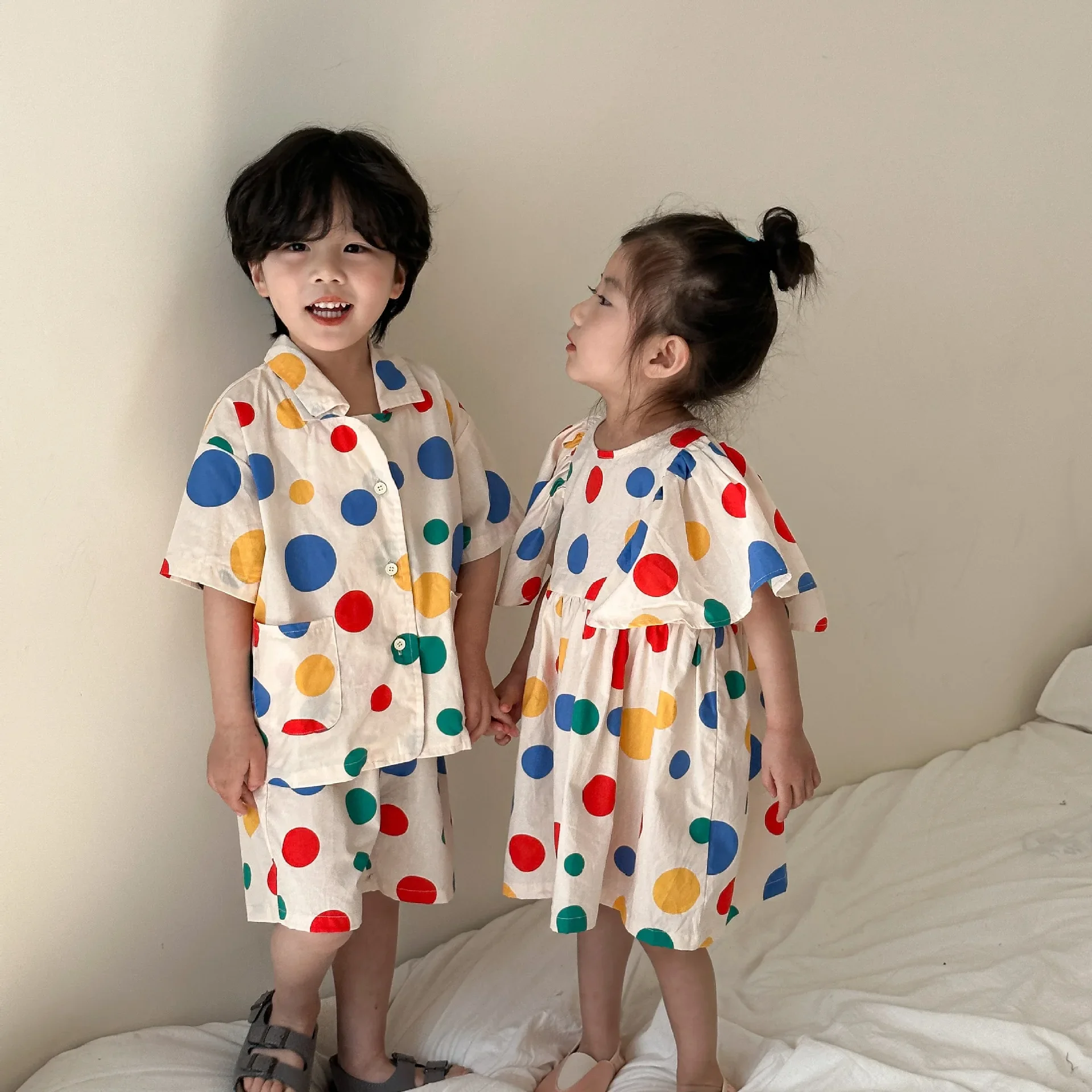 

Brother Sister Clothes 2024 Summer New Polka-dot Cotton Girl's Dress Or Boy's Suit Short Sleeve Top+Short Two Piece Suit