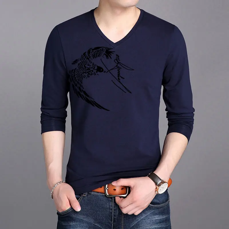 

Korean Trend Casual Long Sleeve T-shirt Men's Cotton V-neck Solid Printing Thin Fashion Versatile Slim Spring Autumn Bottom Tops