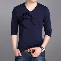 Korean Trend Casual Long Sleeve T-shirt Men's Cotton V-neck Solid Printing Thin Fashion Versatile Slim Spring Autumn Bottom Tops