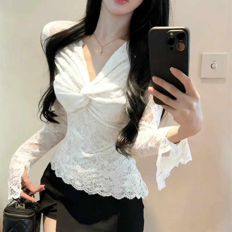 Sexy évider v-ne dentelle noeud conception Base irt femmes Faionable automne hiver nouveau Sle longue Sve taille cintrée