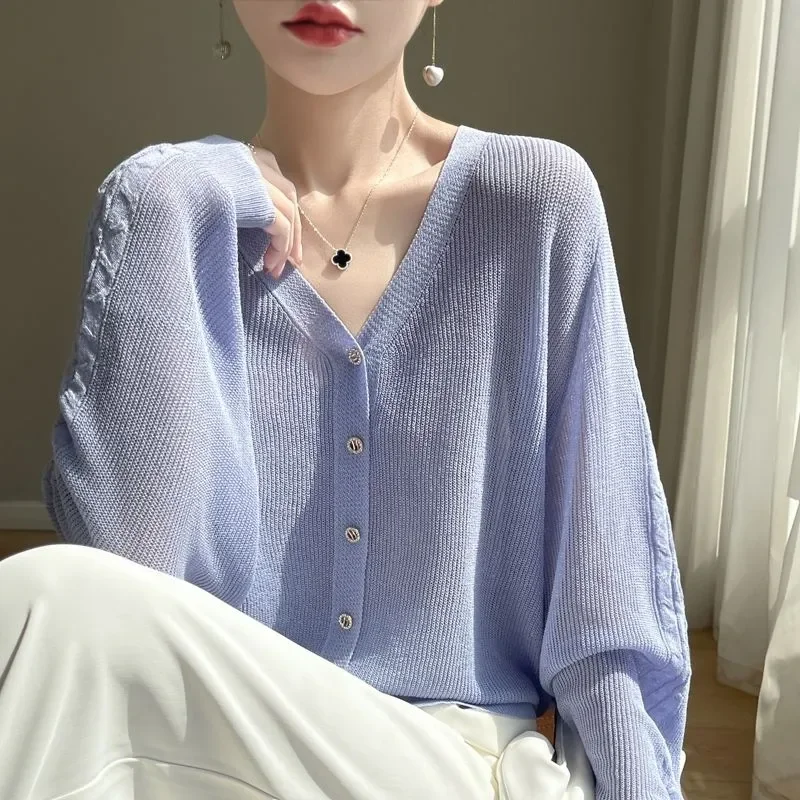 سترة فضفاضة للحماية من الشمس بأكمام خفاش رقيقة بلون سادة محبوكة بأكمام طويلة سترة قصيرة مكيفة #1