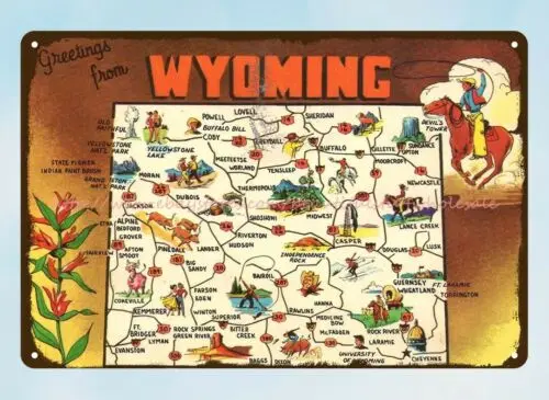 Greetings from state map WYOMING metal tin sign discount wall art