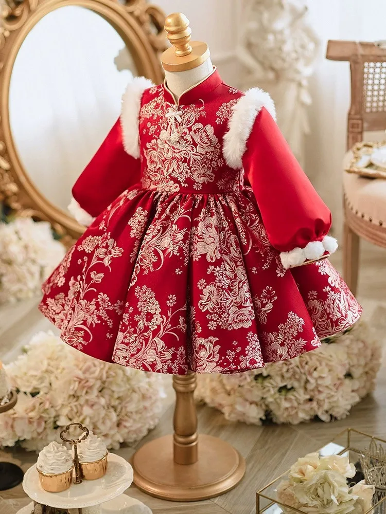 

Chinese Style Girls' Dress Baby Girl First Birthday Banquet Qipao Princess Dress Spring Thickened Children's Zhuazhou Tang Suit