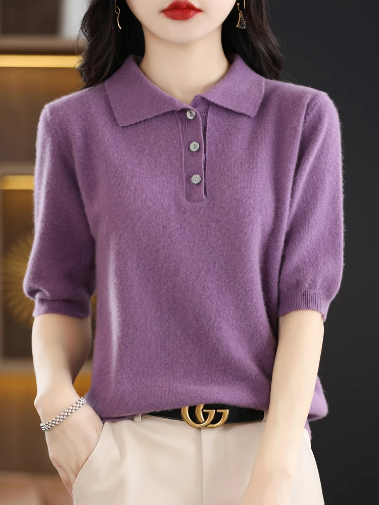 Spring Autumn Women Polo Collar Pullover Half Sleeve Thin Sweater 100% Merino Wool Knitwear Korean Casual Shirt Tops Clothing