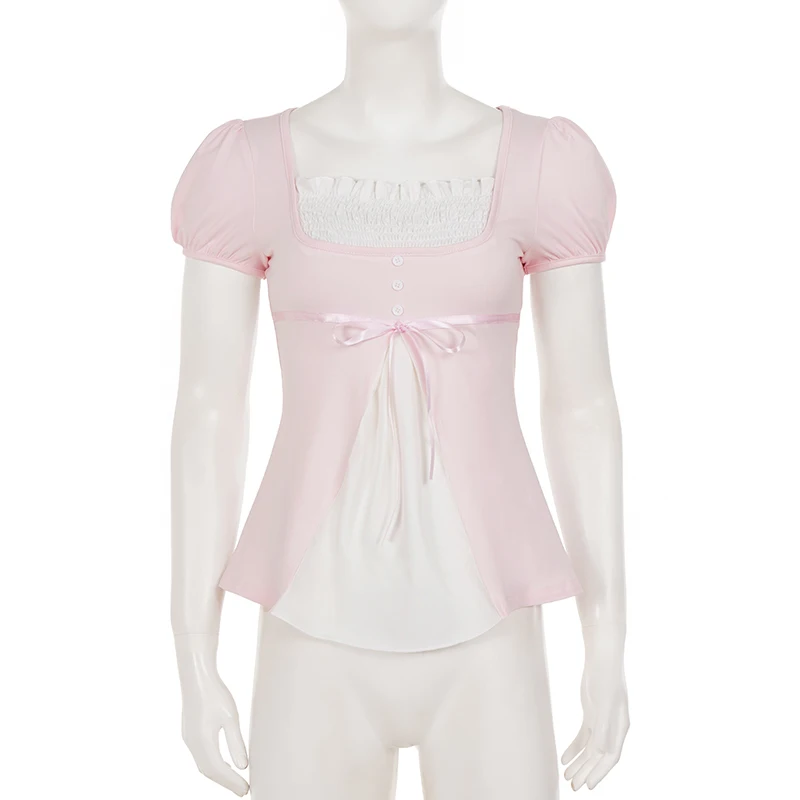 SUCHCUTE Vintage Fake Two Piece T-Shirts für Damen, Puffärmel, Patchwork, Schleife, schmaler quadratischer Kragen, Y2k, Freizeitkleidung, Sommer-Chic – Detail 5