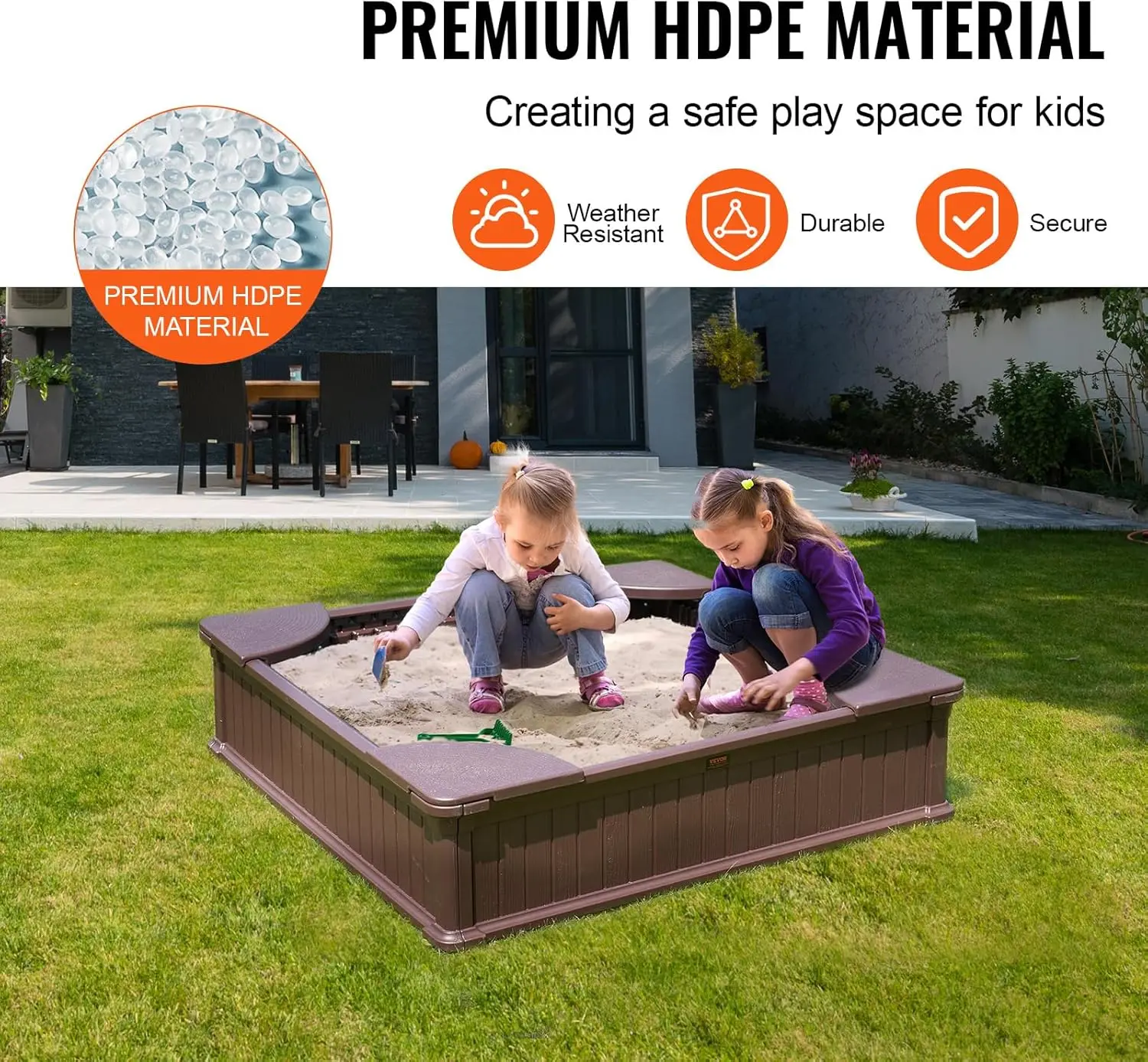 Sandbox with Cover, 48.6''x48.6''x12.4'' Square Sand Box, Sand Pit with 4 Corner Seats & Bottom Liner, Gift for Ages 3-12 Y