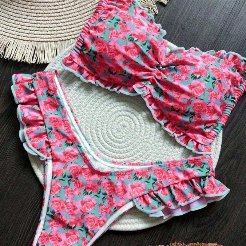 

2 Piece Ruffled Tankini Set For Women Floral Print Swimwear Separate Design Comfortable Wear Beachwear