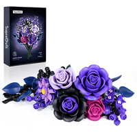 Purple Roses Flowers Blocks Bouquet Building Kit Gothic Home Decor Floral Botanical Plant Bricks Toy Gift for Girls Women Adults
