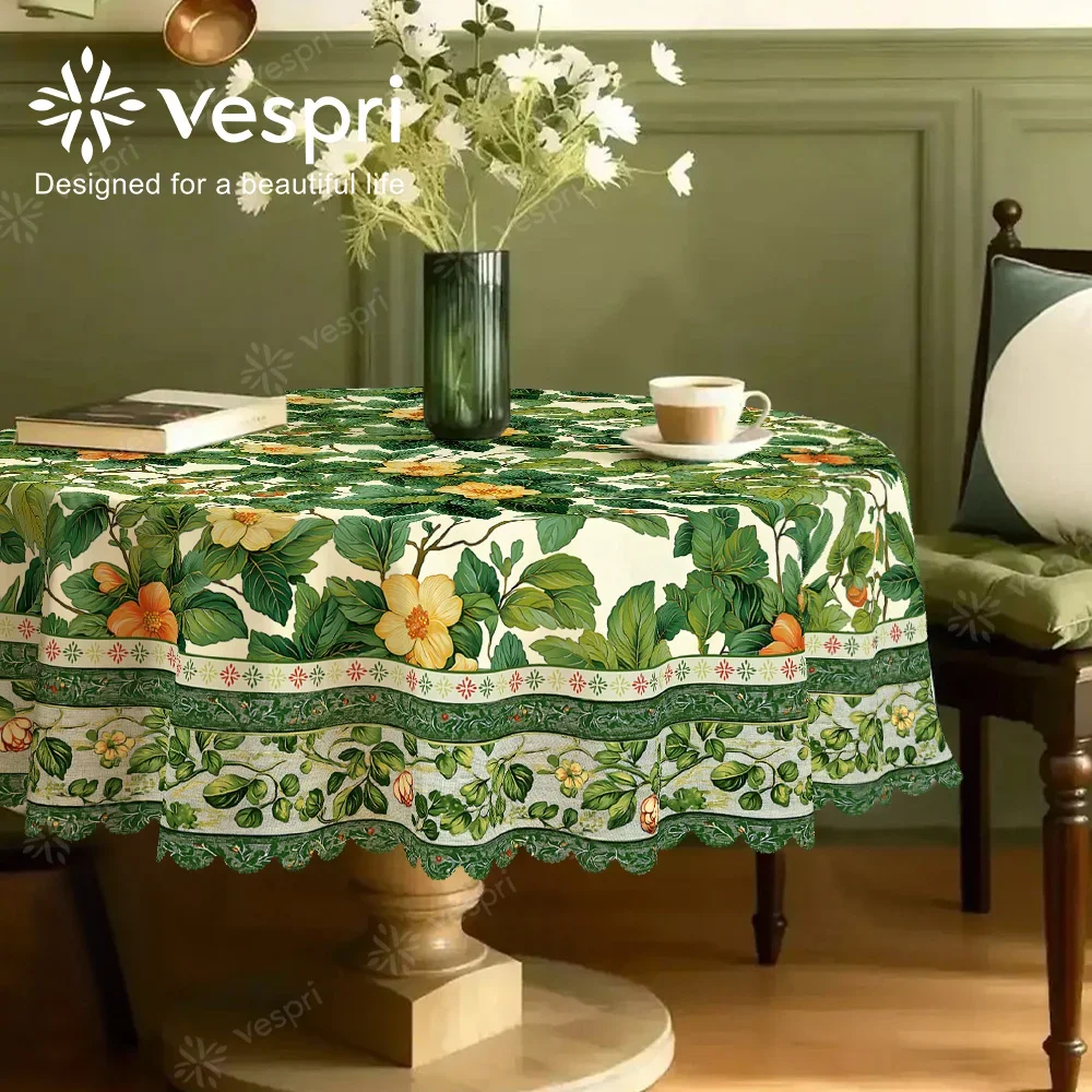 The tablecloth is green and white in color, featuring green leaves and a checkered pattern. It has an European style.