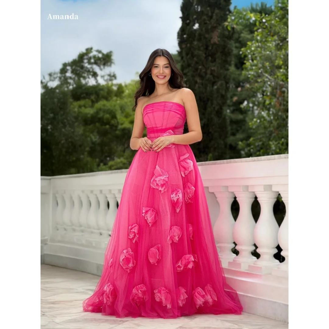 

Amanda индивидуальное розовое платье без бретелек с 3D цветами и открытой спиной для выпускного вечера без рукавов, платья de noche длиной до пола, торжественное вечернее платье 2025