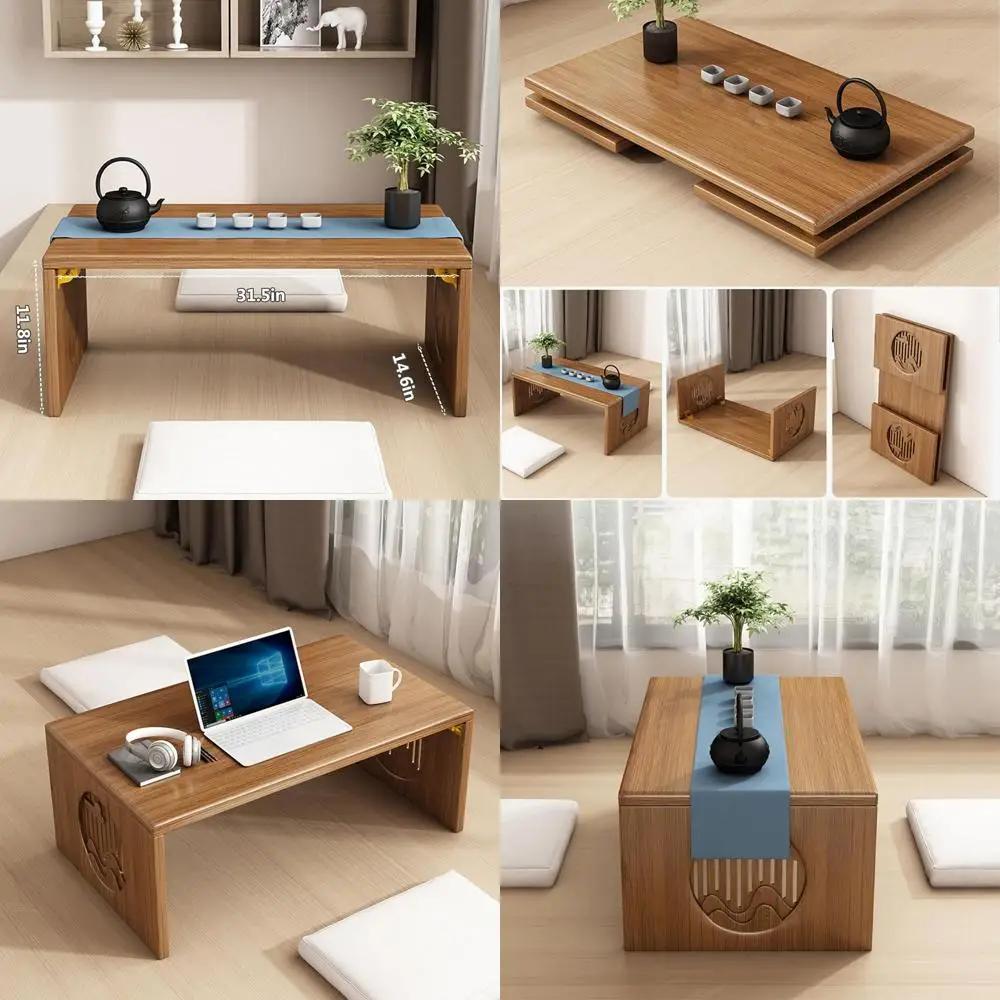 

Rustic Foldable Tatami Coffee Table, Low Seating Wood Table for Living Room, Brown Walnut Finish