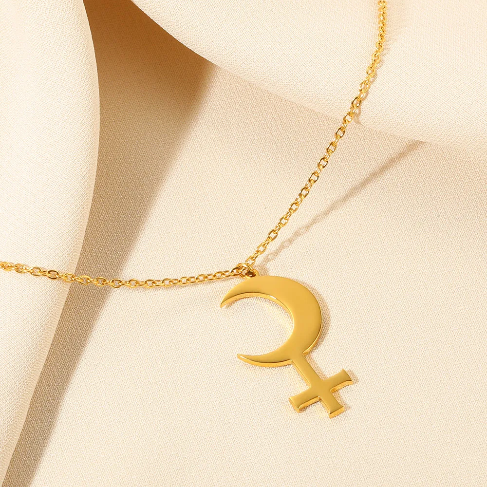 Gold Color Moon Cross Lilith Symbol Pendants Necklace For Women Stainless Steel Charms Astrological Symbol Sign Amulet Jewelry