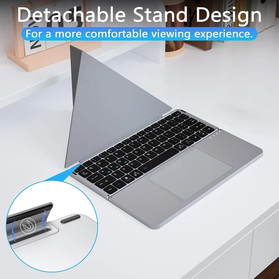 Rechargeable Tri-Bluetooth Wireless Travel Keyboard with Large Touchpad&Foldable Leather Stand For PC/Laptop/Tabelt-Grey/Silver