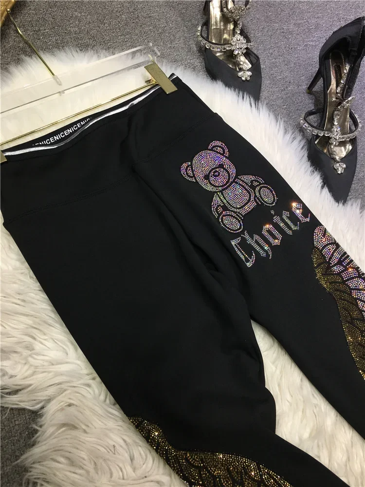 Heavy Industry Cartoon Rhinestone Slim Fit Leggings Women 2024 Spring and Summer Thin Bear Wings Black Tapered Pants Female