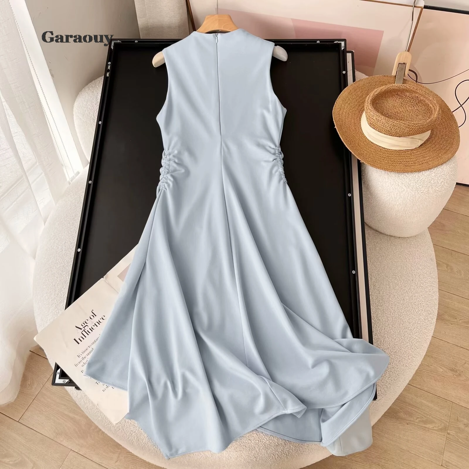 Garaouy Women 2024 Summer New Fashion Casual Vest Dress Vintage Sleeveless Chic V-Neck Joker Pleated Long Dresses Vestidos Mujer