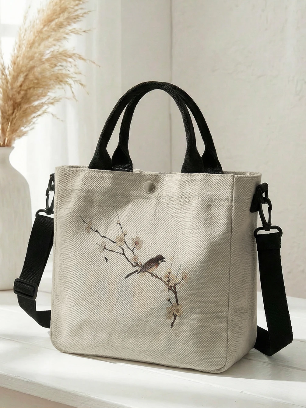 Chinese Ink Plum Blossom Bird Canvas Tote Bag Detachable Strap Crossbody Handbag For Women Daily Shopping