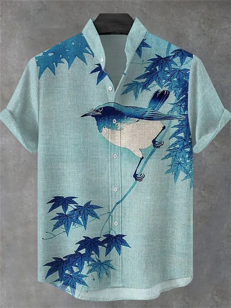 Men's short sleeved shirt, lapel, casual short sleeved shirt, fashionable new street outdoor retro landscape ink wash shirt