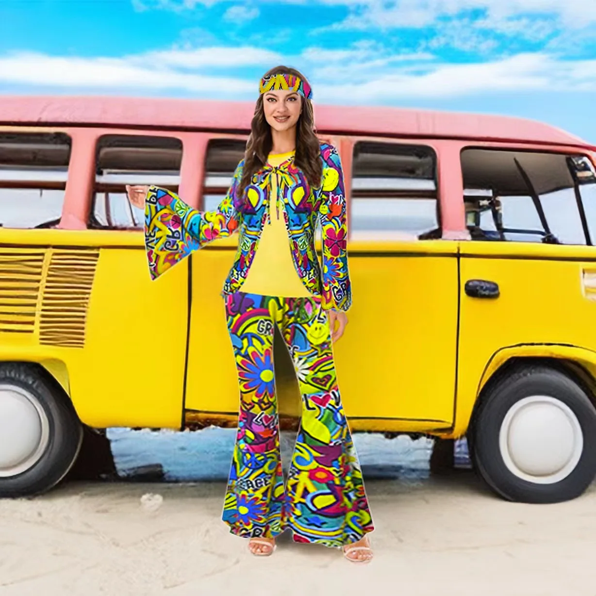 2024 Nieuwe Aankomst Zomervakantie Hippie-Stijl Uitlopende Mouw Getailleerde Uitlopende Broek Hoodie Set Voor Dames Print Hot Suit