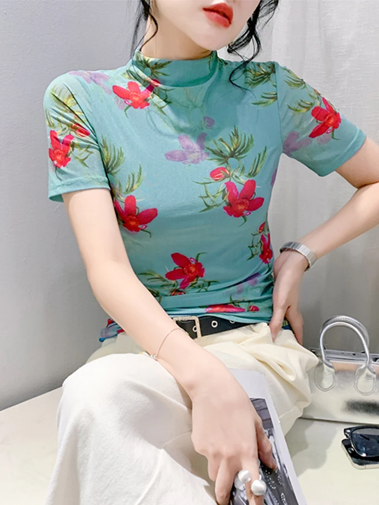 #7264 Floral Printed Mesh T Shirt Women Thin Sexy Skinny Vintage Short T-shirt Female Round Neck Streetwear Tshirt Short Sleeve image 3