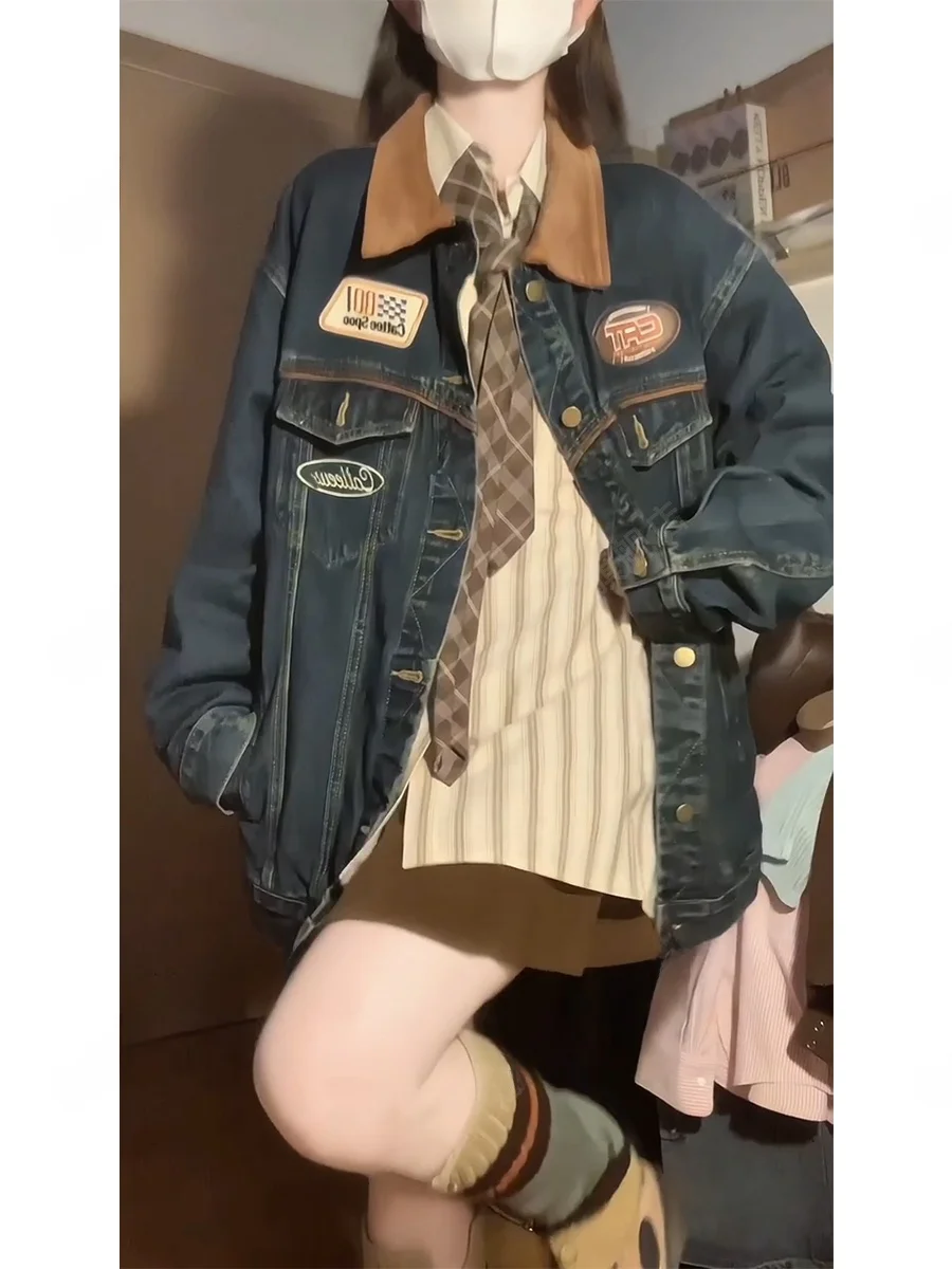 

Retro Sle Patchwork Denim Jaet Women's Autumn Winter plus Size Workwear irt Collar Jaet Casual Loose Fit Outerwear