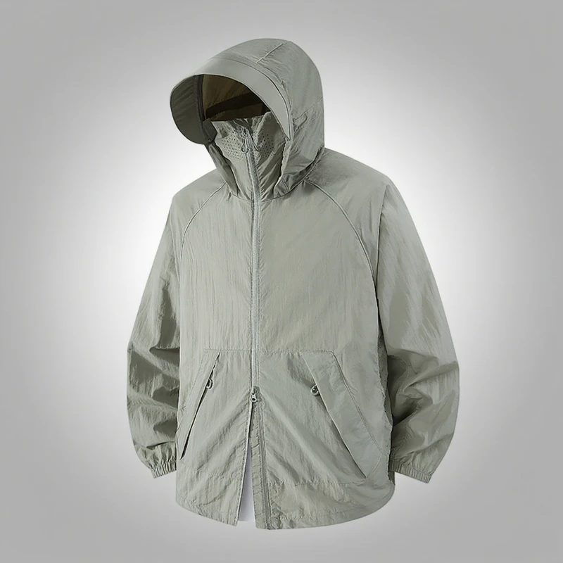 

Mens Sunscreen Fashion High Quality UV Protection Skincare Coat Ultra Light Ice Silk Sports Hooded Skin Coat Fishing Windbreaker