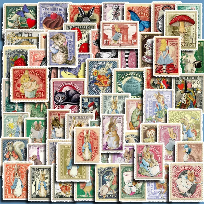 62 Pcs Alice Stamps Waterproof Stickers Retro Girls in Wonderland DIY Scrapbook Journal Phone Diary Album Happy Plan Decoration