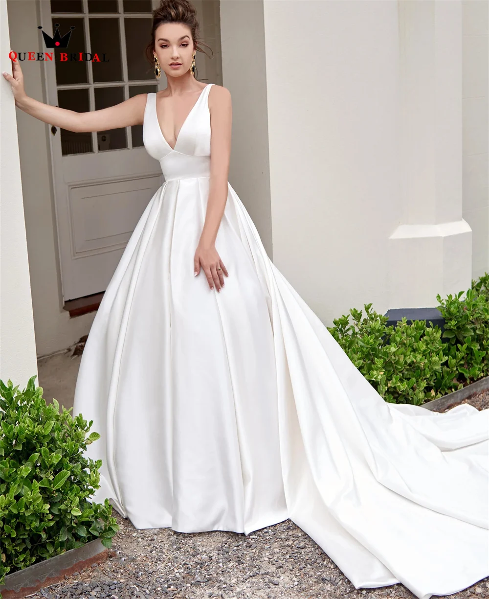 Gaun pengantin sederhana gaun pengantin V-neck Satin 2023 gaun pengantin elegan desain baru jubah De mariee ukuran kustom MN02