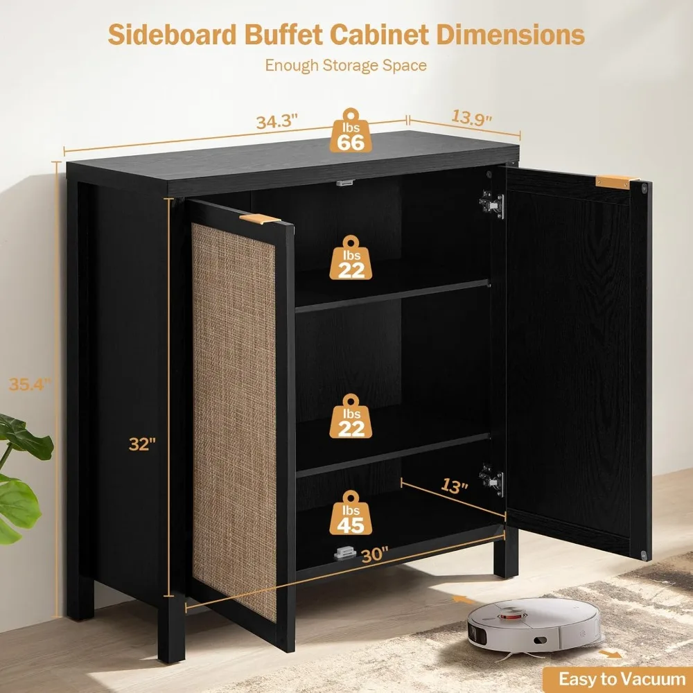 SICOTAS Sideboard Buffet Storage Cabinet - Boho Rattan Credenza Kitchen Coffee Bar Cabinet with Rattan Decorated - Accent Liquor