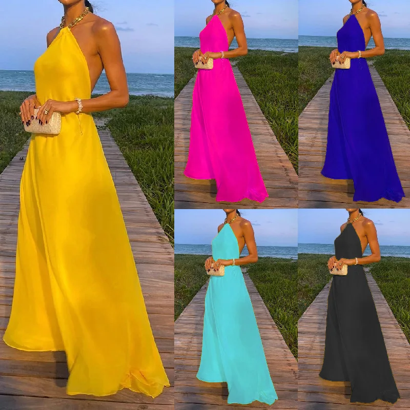 Fashion Metal Chain Halter Neck Long Dresses Women Sexy Backless Temperament Lady Solid Color Commuting Party Dress Summer New