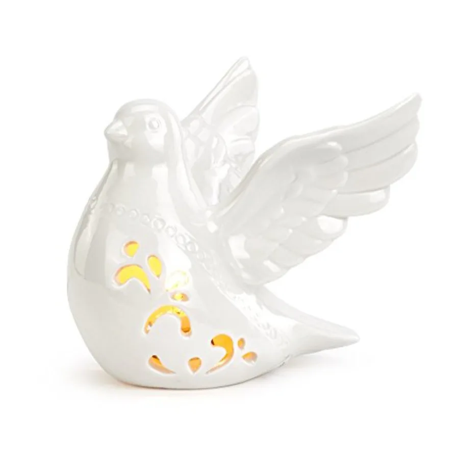 Napco Flying Dove with Design Bright White 6 x 5.75 Porcelain LED Tabletop Figurine
