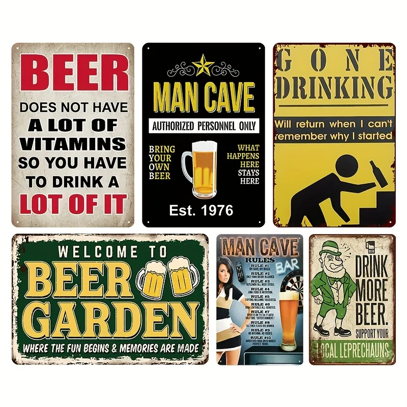 Decorative Sign & Plaque 6pcs Vintage Beer Garden Metal Sign, Humorous Bar Decor with Men'S Cave Quotes, Heavy-Duty Wall Art for