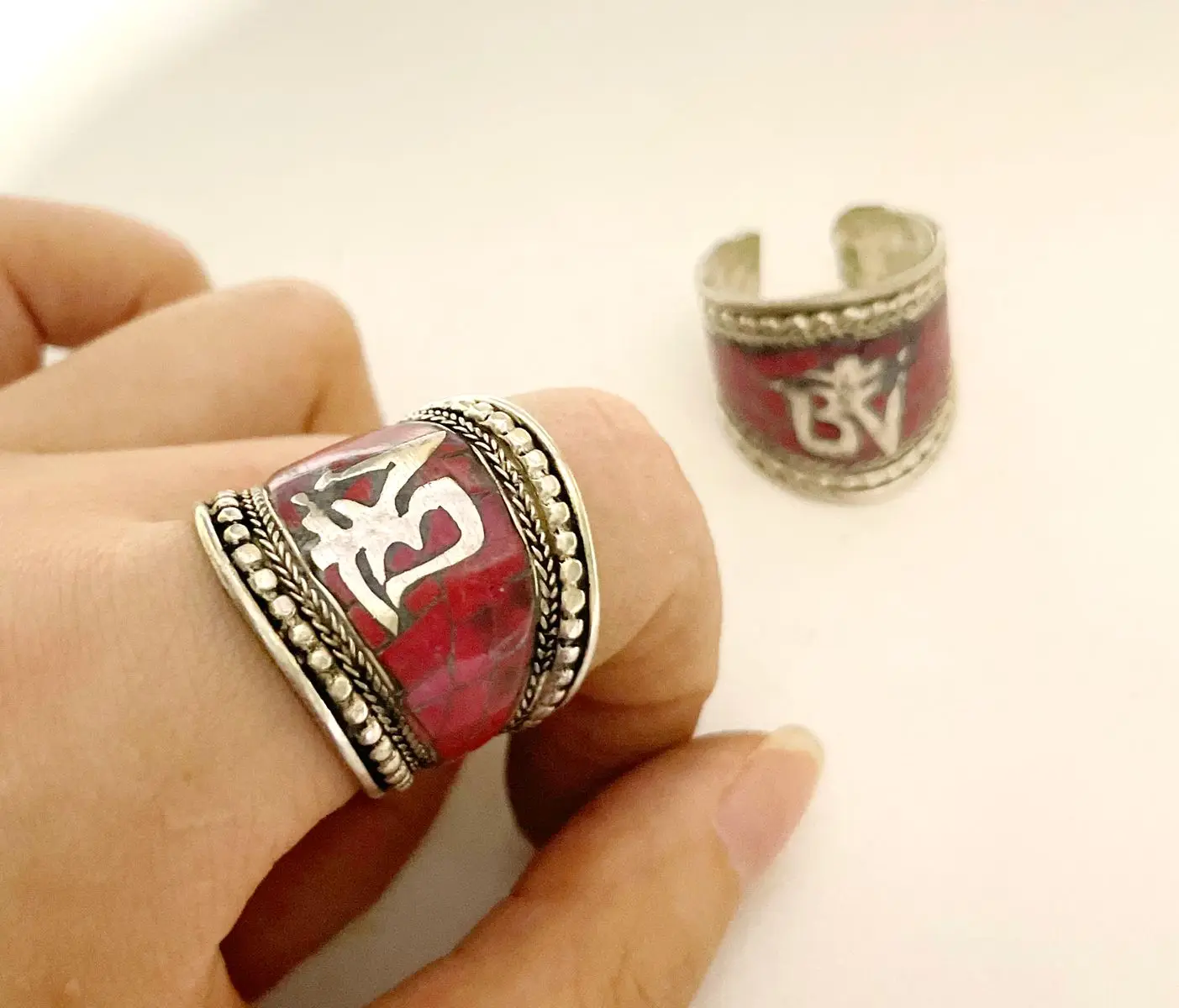 

Red Coral Open Ring OM Amule Tibetan Silver Buddhism Nepal Ring Jewelry for Woman Girl Man Adjustable Size