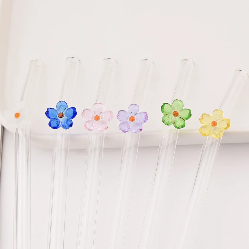 Flower Glass Straws Reusable Clear Straws for Smoothies Cocktails Drinking Eco Friendly Bar Tools Drinkware Straws with Brushes