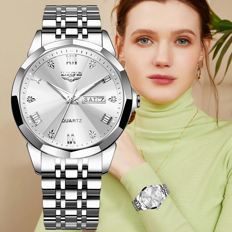 

Топ 2025 LIGE, повседневные женские часы, роскошные водонепроницаемые светящиеся часы унисекс с датой и днем, кварцевые часы из нержавеющей стали, reloj hommes