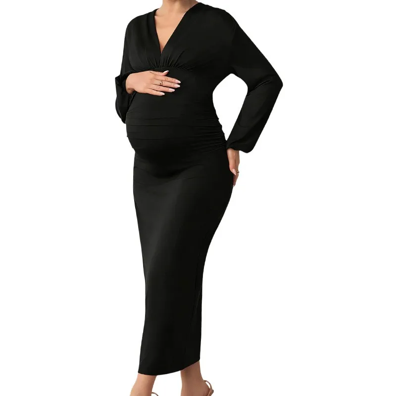 

Fashion Maternity Clothing V-neck Long-Sleeve Fitted Pencil Skirts Solid Color Casual Dresses Spring and Autumn Pregnant Woman