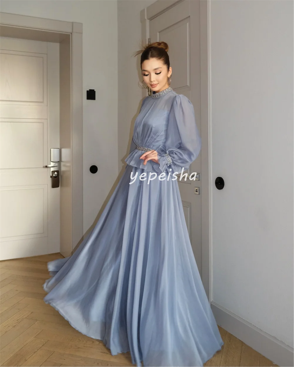 Customized Exquisite Chiffon Pleat Draped Beading Sequined A-line High Collar Long Dresses Bespoke Occasion Dresses Elegant