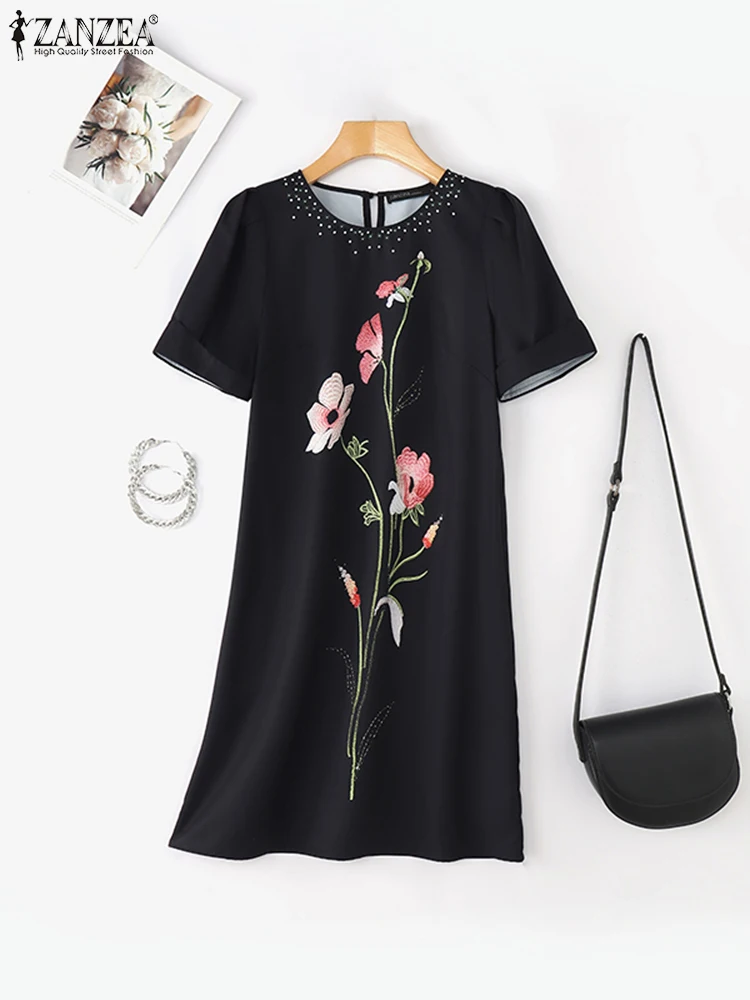 ขนาดบวก 5XL ZANZEA ฤดูร้อนผู้หญิงโบฮีเมียนดอกไม้พิมพ์ชุดมินิเดรสแฟชั่นแขนสั้นปาร์ตี้สั้นหรูหราเดรส