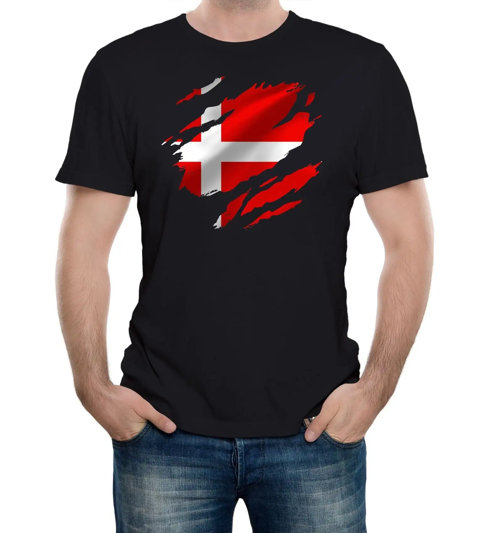 Reality Glitch Torn Denmark Flag Mens T Shirt