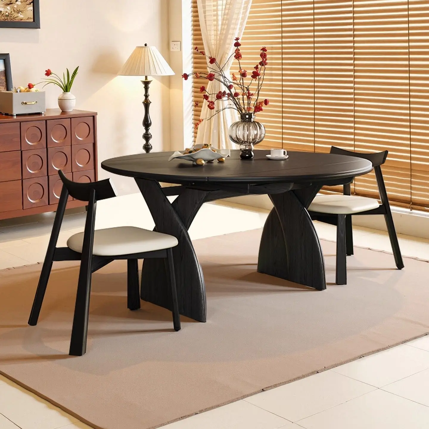 Black solid wood rock slab retractable dining table variable round table household small apartment folding