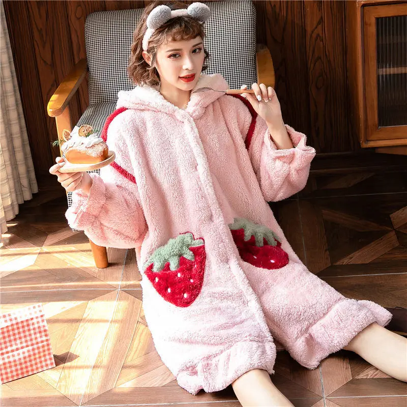 

Women Robes Winter Warm Flannel Long Sleeves Home Wear Female Convenient Lovely Loose Bath Robe Print Simple Elegant Cozy Trendy