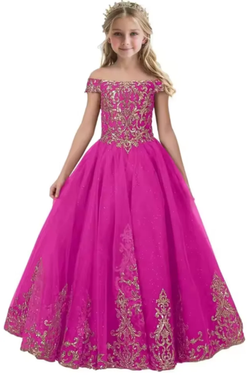 Flower Girl Dress for Wedding Kids Off Shoulder Lace Appliques Princess Pageant Frock Custom Sparkling First Communion Gown