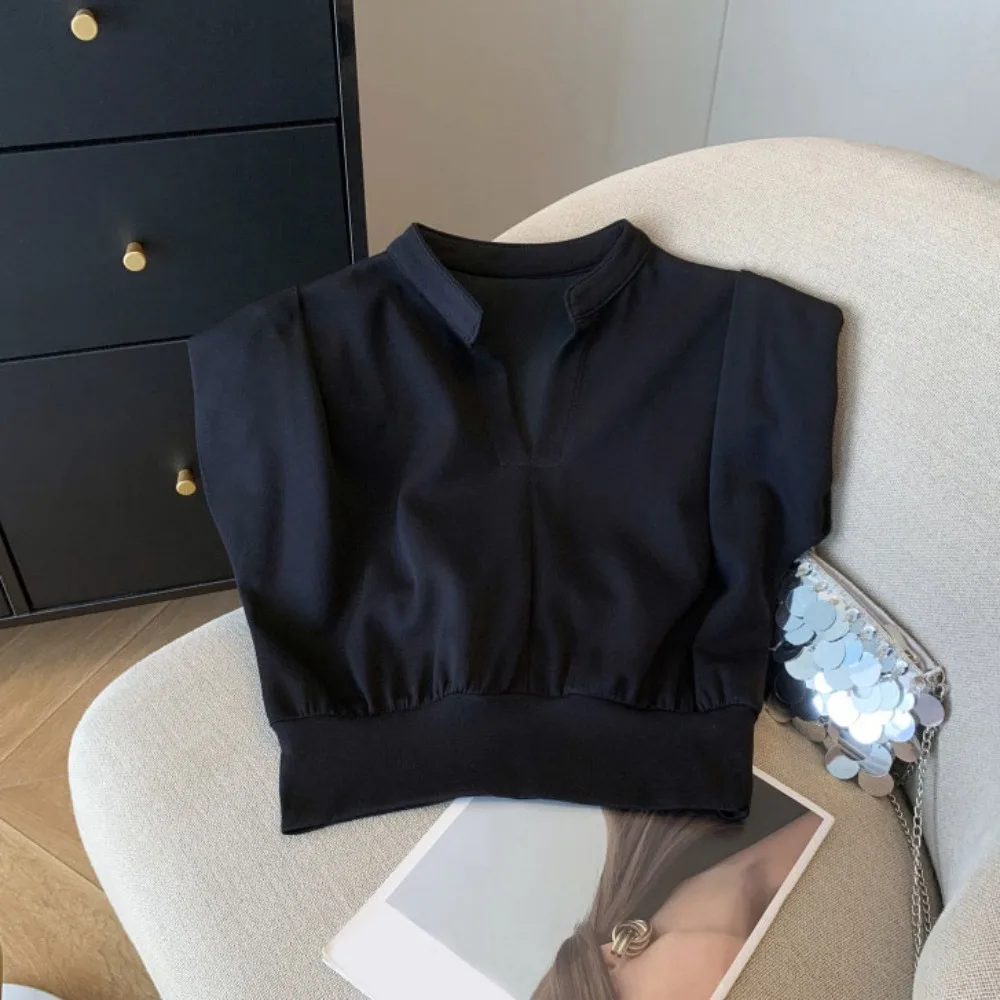 

Simple V-neck Flip Collar T-shirt Y2K Wide Shoulder Sleeveless Crop Top Korean Style Chic Basic Tees Shirts Women Girls