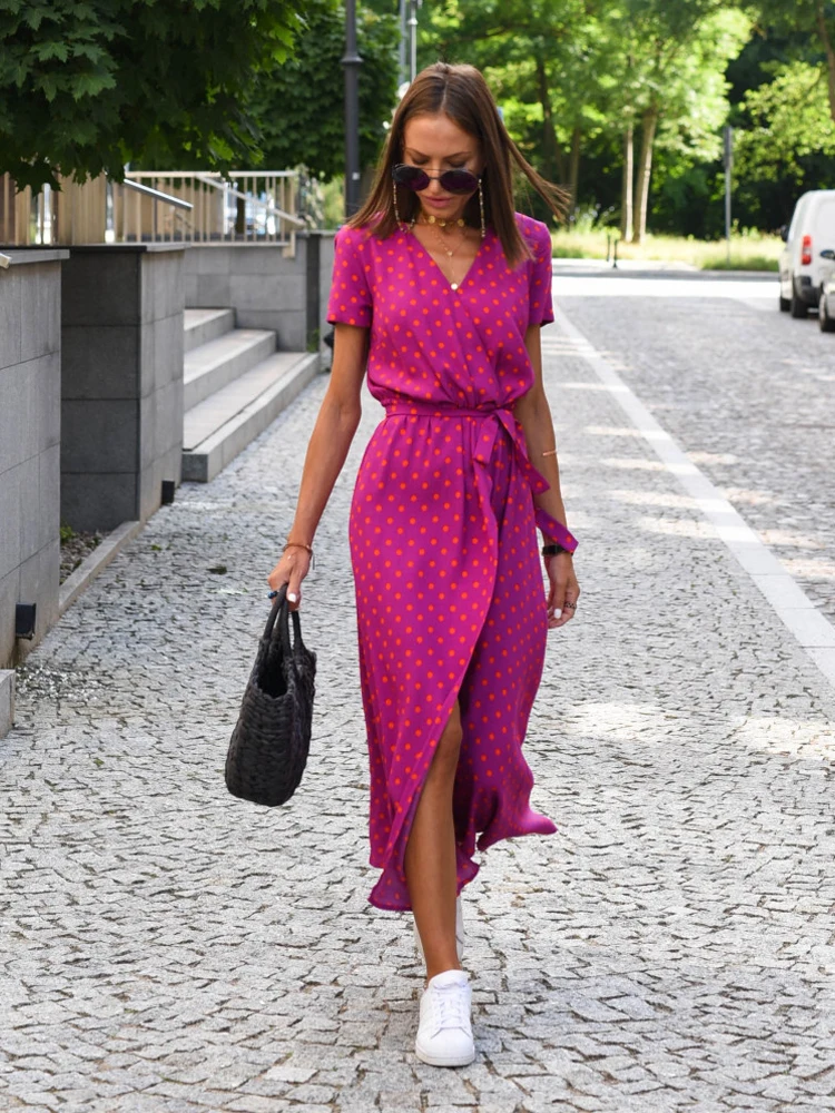 Summer Polka Dot Split Hem Long Dress Women 2024 New Fashion V Neck Print Sundress Vestidos Short Sleeved Waisted Lace-up Dress