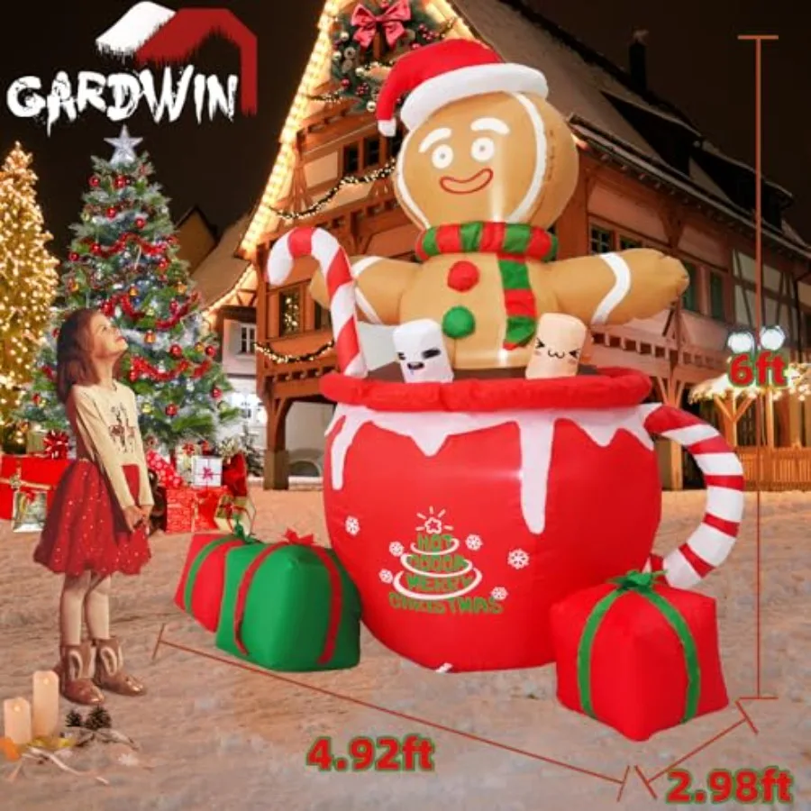 6 Feet Gingerbread Christmas Inflatable Outdoor Decoration, PVC Material, Brown And White, Built-in LEDs For Lawn Garden Party