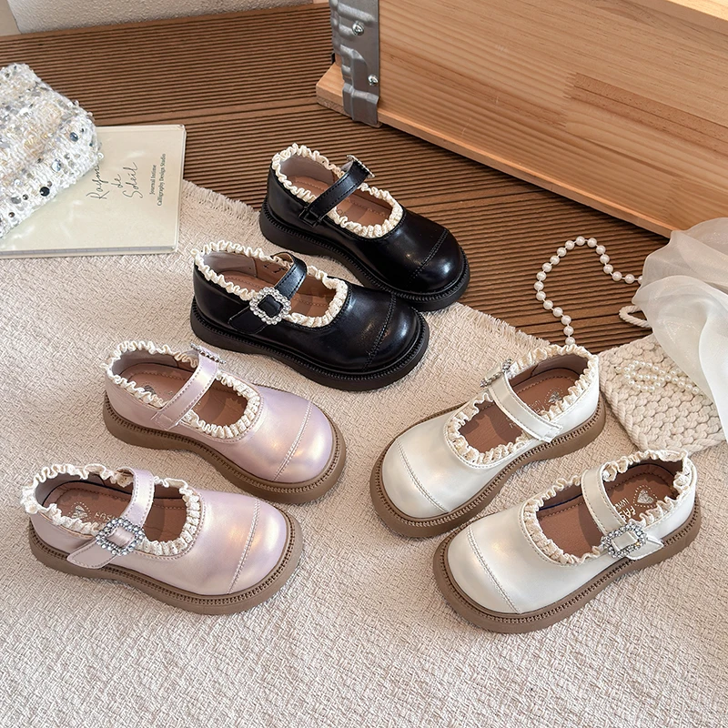 

Little Girls Princess Style Leather Shoes with Lace 2026 New Spring Kids Chunky Mary Jane Flats Fashion Classic Party Dress Up
