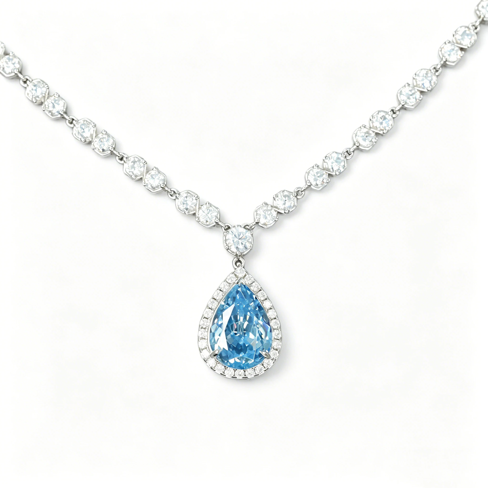 

Luxury 925 Sterling Silver Necklace Artificial Pear Aquamarine Halo Pendant Statement Fine Jewelry for Women's Engagement Gifts