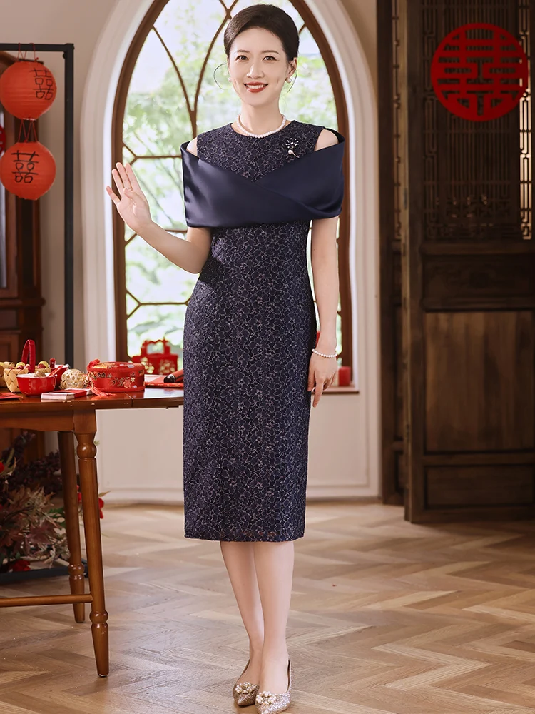 Navy Blue Mother Of The Bride Dresses Elegant Round Neck Off The Shoulder Women Sheath Dresses For Formal Occassions