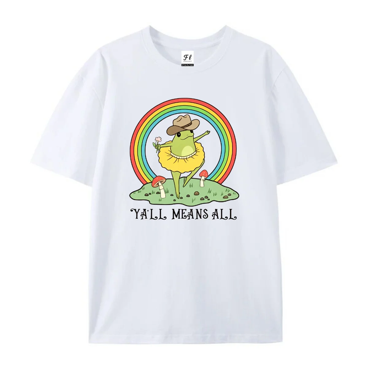 Y'all Means All Dancing Cowboy Ballet Frog Graphic Short Sleeve T‑Shirt Rainbow Mushroom Whimsical Cartoon Print Casual Tees