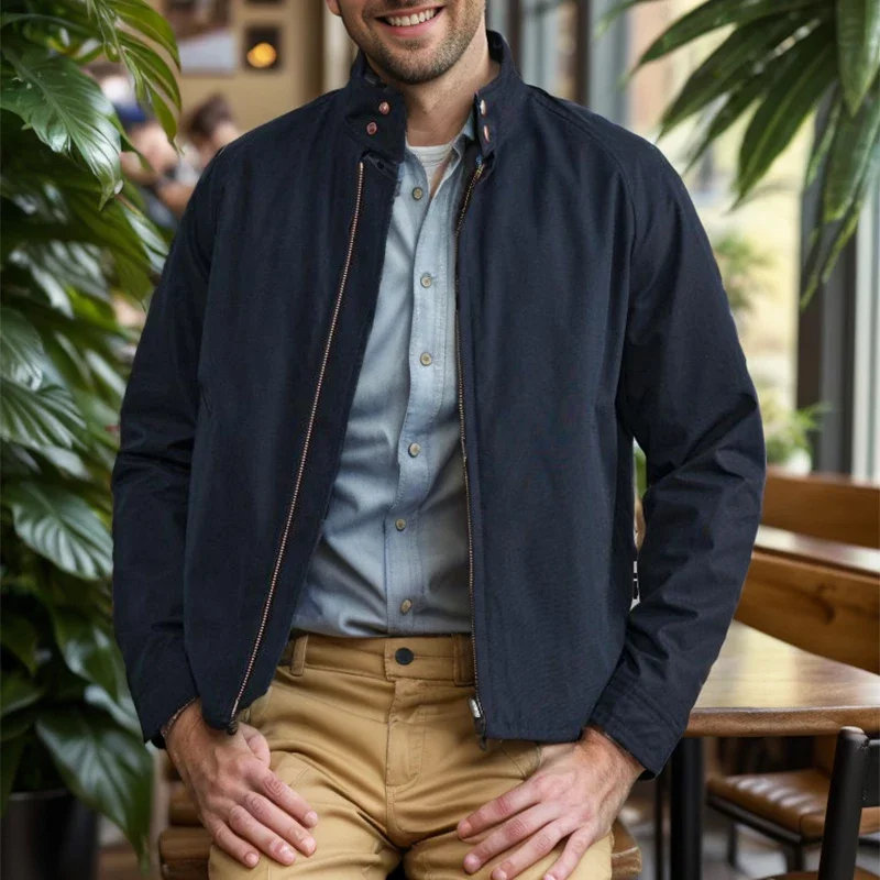 

Vintage Stand Collar Zipper Jackets Men New Fashion Solid Color Long Sleeve Coat Mens Autumn Daily Casual Outerwear Male Jacket