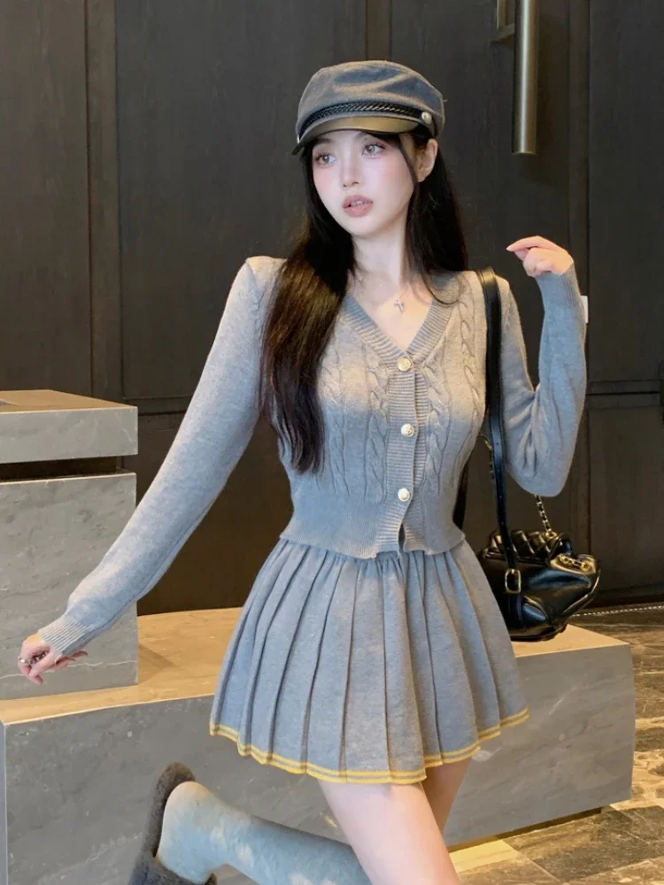 Pleated Skirts Sets Women Preppy Autumn V-neck Cardigans High Waist Mini Skirt Fashion Ulzzang College Sweet Knitted Two Pieces